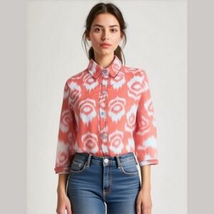 Soft Surroundings Coral and White Maya Danielle Button Down Shirt